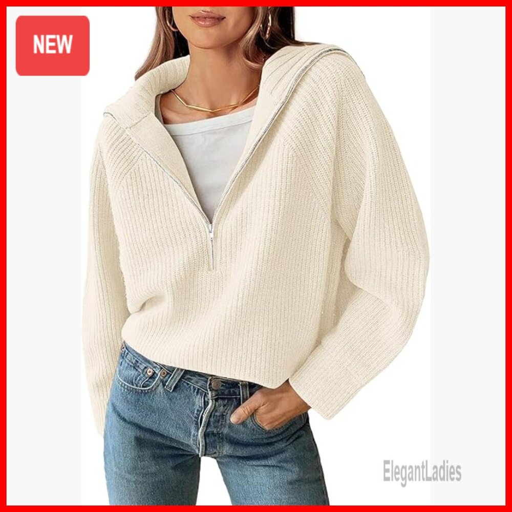 Quarter Zip Pullover Sweater, V-Neck Collar, Ribbed Knit, Long Sleeve